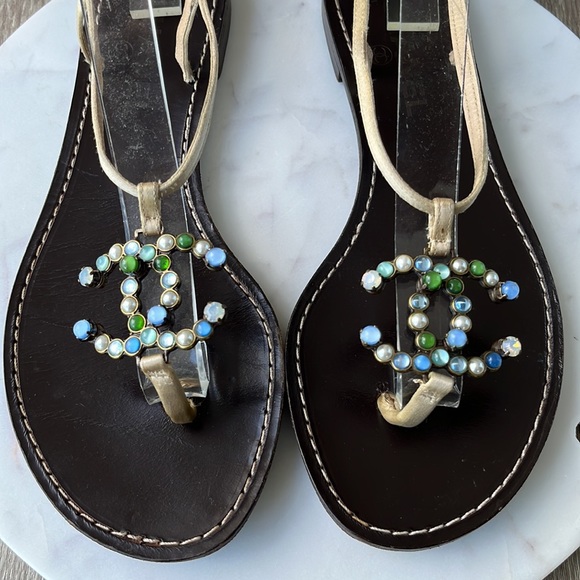 Authentic Chanel Dark Brown/Gold/Jewel Thong Sandals - Picture 3 of 16